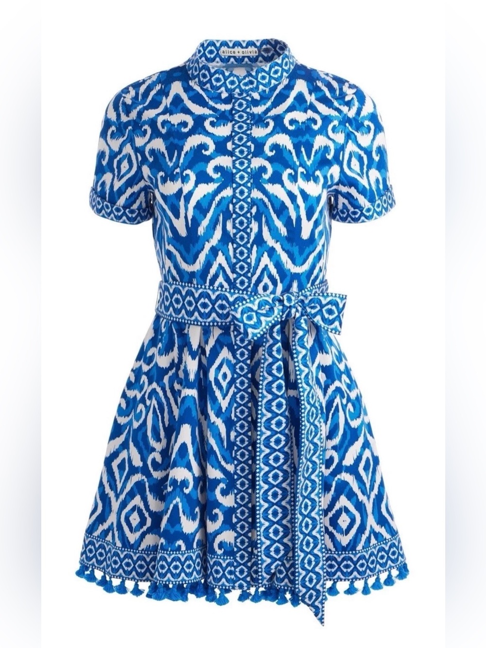 Alice + Olivia Rolled Sleeve Mini Shirt Dress Artisan Ikat French Blue Size 0 - Picture 5 of 16
